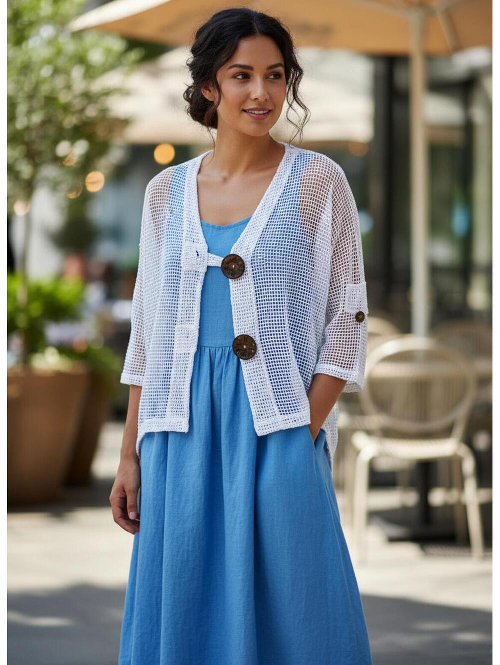 Nina Leonard White Open-Knit Cardigan with Wooden Button Accents, Size M